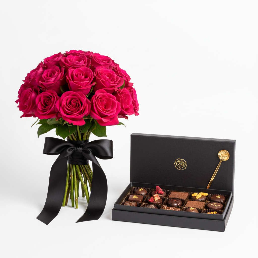 Premium Hot Pink Roses with Chocolate Box - Balanced